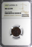LATVIA Bronze 1937 1 Santims NGC MS62 BN 1st Date for Type KM# 10 (026)