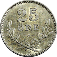 Sweden Gustaf V Silver 1917 W  25 Öre  KM# 785 (22 056)
