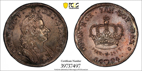 Denmark Christian V Silver 1694 1 Krone PCGS AU DETAILS Dav.#3648 KM# 428.1 (7)