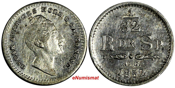 Sweden Oscar I Silver 1852 AG 1/32 Riksdaler  Mintage-480,000 UNC KM# 681 (769)