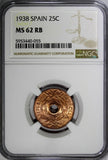 SPAIN Republic Copper 1938 25 Centimos 1 Year Type NGC MS62 RB KM# 757 (055)