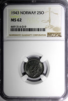 Norway Zinc 1943 25 Ore WWII Issue NGC MS62 ONLY 1 GRADED HIGHER KM# 395 (019)