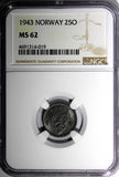 Norway Zinc 1943 25 Ore WWII Issue NGC MS62 ONLY 1 GRADED HIGHER KM# 395 (019)