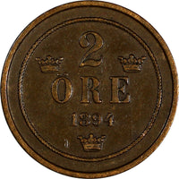 Sweden Oscar II Bronze 1894 2 Öre Better Date 21 mm KM# 746 (17 836)