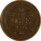 Sweden Oscar II Bronze 1894 2 Öre Better Date 21 mm KM# 746 (17 836)