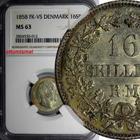 Denmark Frederik VII Silver 1858 FK-VS 16 Skilling Rigsmont NGC MS63 KM# 765(12)