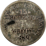 POLAND RUSSIA Nicholas I Silver 1839 MW 1 Zloty 15 Kopecks LARGE CROWN C129/ 048