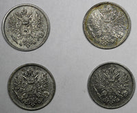 Finland Nicholas II Silver LOT OF 4 COINS 1908 25 Pennia Mintage-340,000 KM# 6.2