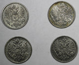 Finland Nicholas II Silver LOT OF 4 COINS 1908 25 Pennia Mintage-340,000 KM# 6.2