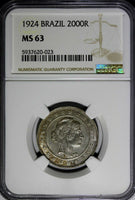 Brazil Silver 1924 2000 Reis NGC MS63 1st Date Type KM# 526 (023)