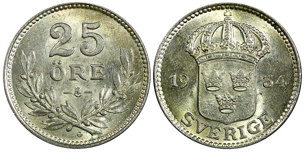 Sweden Gustaf V Silver 1934 G  25 Öre UNC  KM# 785 (22 051)