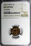 Latvia Bronze 1932 1 Santims NGC UNC DET.Struck at Switzerland. KM# 1