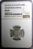 Egypt Occupation Coinage Silver AH1335/1917 H 2 Piastres NGC MS64 KM# 317.2 (17)