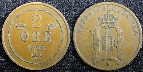 Sweden Oscar II Copper 1892 2 Ore Mintage-688,000 KM# 746   (23 120)