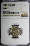 PERU Copper-Nickel 1920 10 Centavos NGC MS63 KM# 214.1