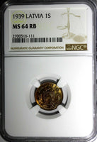 LATVIA Bronze 1939 1 Santims NGC MS64 RB Nice Red Toning BU KM# 10