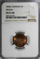 Germany PRUSSIA Wilhelm I 1868 C 2 Pfennig NGC MS65 RB TOP GRADED KM# 481 (028)