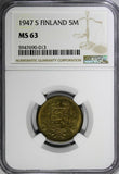 Finland Brass 1947 S 5 Markkaa NGC MS63 1 GRADED HIGHEST KM# 31a (013)