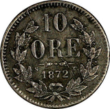 Sweden Oscar II Silver 1872 ST 10 Öre Mintage-120,000 SCARCE KM# 727 (18 102)