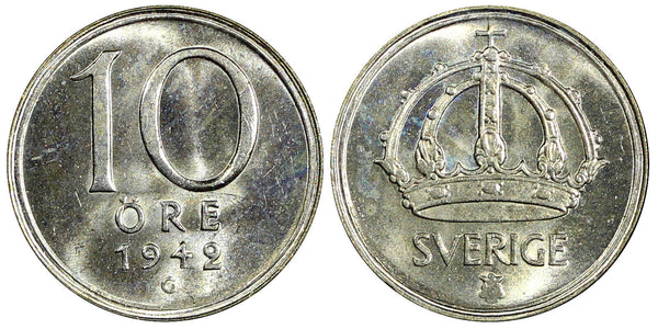 Sweden Gustaf V (1907-1950) Silver 1942 G 10 Öre GEM BU KM# 813 (22 072)