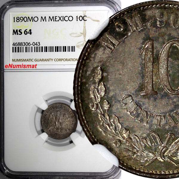 Mexico SECOND REPUBLIC Silver 1890 MO M 10 Centavos NGC MS64 TONED KM#403.7 (43)