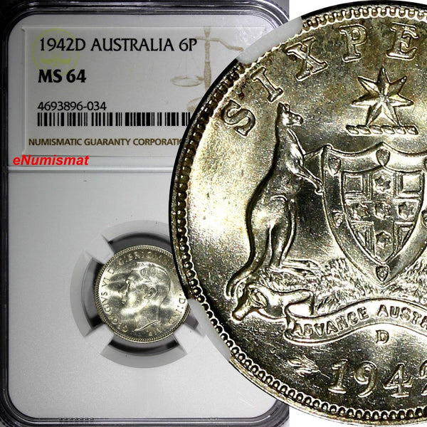 Australia George VI Silver 1942-D 6 Pence Sixpence NGC MS64 KM# 38 (034)