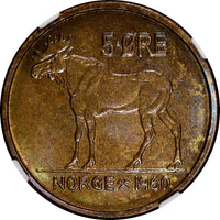 Norway Olav V Bronze 1960 5 Øre NGC MS63 BN  KM# 405 (144)