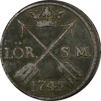 Sweden Frederick I Copper 1742 SM 1 Öre KM# 416.1 (21 231)