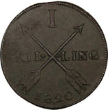 Sweden Carl XIV Johan Copper 1820 1 Skilling Oblique KEY DATE VF SCARCE  KM# 597