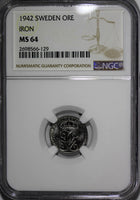 SWEDEN Gustaf V Iron 1942 1 Ore NGC MS64  World War II issues 1st YEAR  KM# 810
