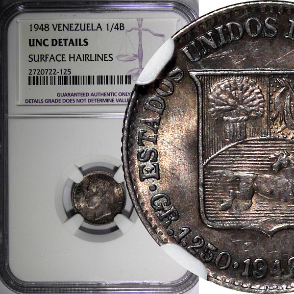 VENEZUELA Silver 1948 25 Centimos NGC UNC DETAILS Nice Toned Y# 20 (125)