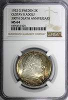 SWEDEN Silver 1932 G 2 Kronor NGC MS64 Death of Gustaf II Adolf Rainbow KM# 805