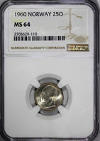 Norway Olav V Copper-Nickel 1960 25 Øre NGC MS64 TOP GRADED BY NGC KM# 407 (10)