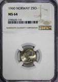 Norway Olav V Copper-Nickel 1960 25 Øre NGC MS64 TOP GRADED BY NGC KM# 407 (10)