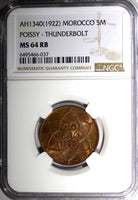 Morocco Yusuf Bronze AH1340 (1922) 5 Mazunas POISY MINT NGC MS64 RB Y# 28.2 (37)