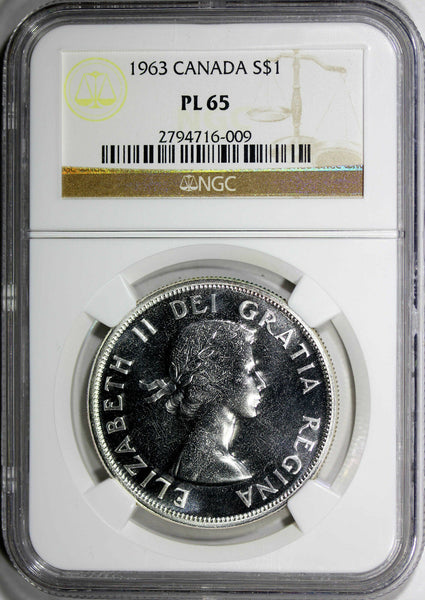 Canada Elizabeth II Silver 1963 $ Dollar  NGC PL65  PROOF LIKE KM# 54