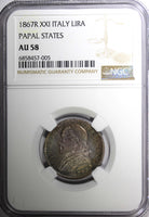 Italy PAPAL STATES Pius IX Silver 1867 XXI R 1 Lira NGC AU58 Toned KM# 1378 (5)