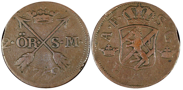 SWEDEN Adolf Frederick Copper 1759 2 Ore,S.M Low Mintage:352,000 SCARCE KM461(8)