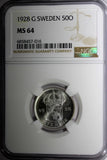 SWEDEN Gustaf V Silver 1928 G 50 Ore NGC MS64 GEM BU COIN KM# 788 (16)