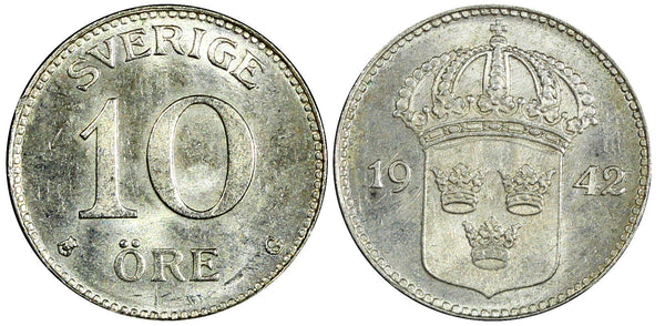 SWEDEN Gustaf V Silver 1942 G 10 Öre Last Year KM# 780 (22 132)