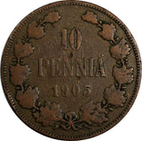Finland Nicholas II Copper 1905 10 Penniä Mintage-500,000 KM# 14 (18 738)