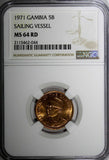 Gambia Bronze 1971 5 Bututs NGC MS64 RD FULL RED  TOP GRADED BY NGC KM# 9 (044)