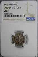 Russia Livonia & Estonia Elizabeth I Silver 1757 4 Kopecks NGC VF20 SCARCE KM#2