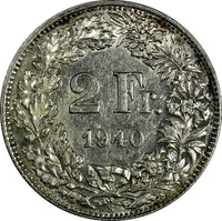 Switzerland Silver 1940 B 2 Francs Helvetia  KM# 21 (17 844)