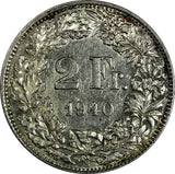 Switzerland Silver 1940 B 2 Francs Helvetia  KM# 21 (17 844)