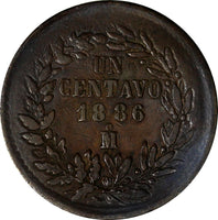 Mexico SECOND REPUBLIC Copper 1886/1 Mo 1 Centavo  SCARCE OVERDATE KM# 391.6 (8)