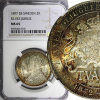 SWEDEN Silver Jubilee Oscar II 1897 EB 2 Kronor NGC MS65 NICE TONED KM# 762 (14)