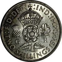 GREAT BRITAIN George VI Silver 1944 Florin / 2 Shilling WWII Issue UNC KM#855(7)