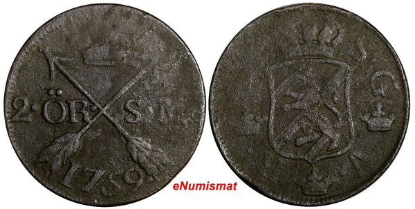 SWEDEN Adolf Frederick 1759 2 Ore,S.M Low Mintage:352,000 SCARCE KM#461(15 063)