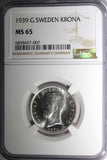 SWEDEN Gustaf V Silver 1939 G 1 KRONA NGC MS65 GEM BU KM#786.2 (7)